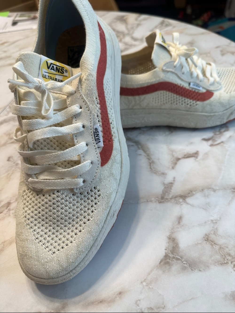 Vans Ultrarange Knit Sneakers in White with Red Stripe